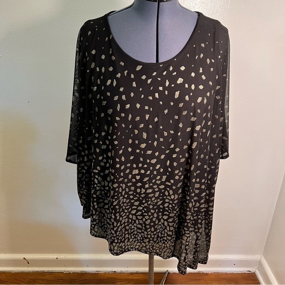 JM Collection Batwing Asymmetric Blouse Black Gold - Picture 2 of 12